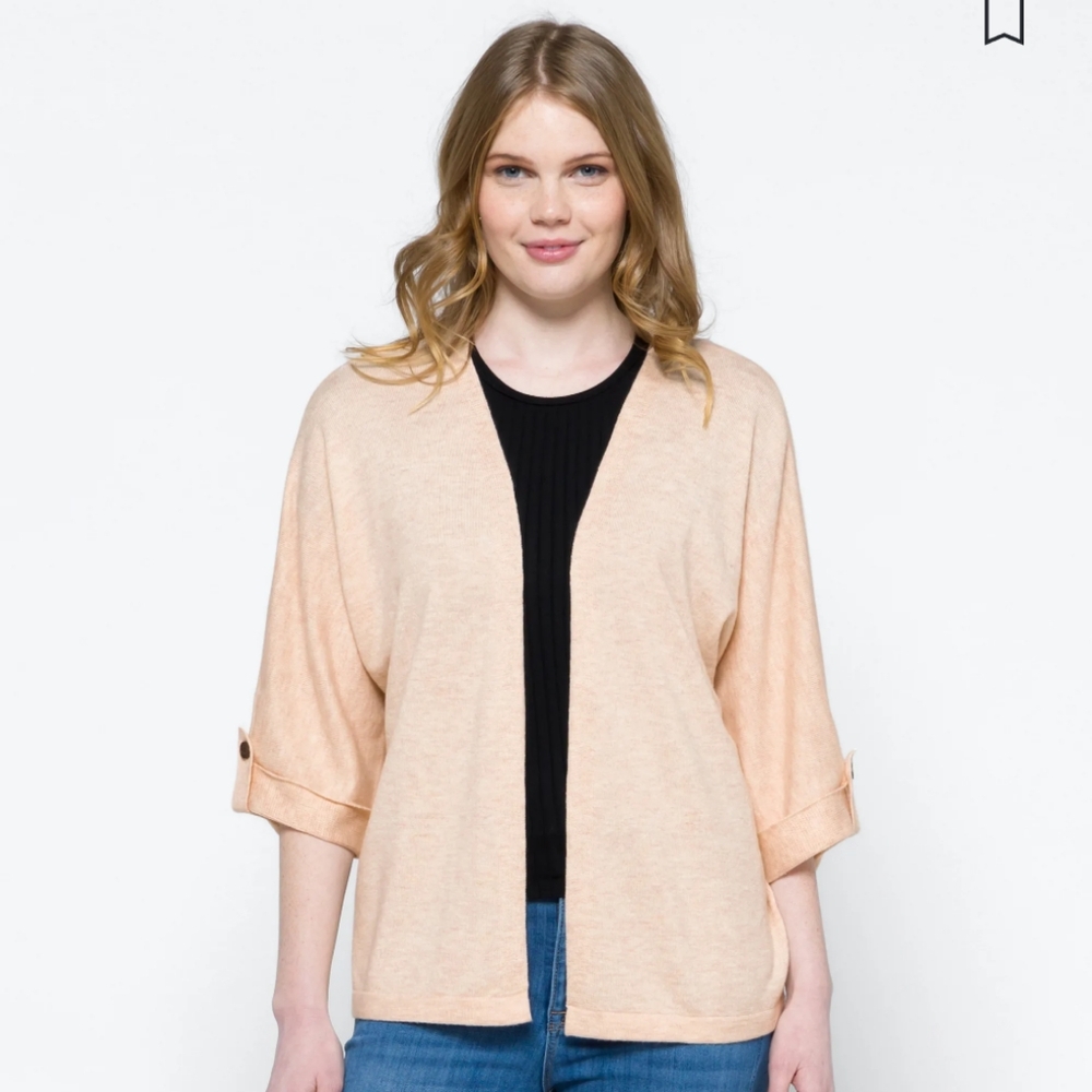 Pink Clover, Kira, lightweight, 3/4 length, open cardigan, peach, size L,